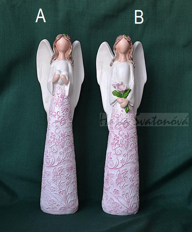 Anděl s květinou ve vlasech a srdcem - výška 19cm